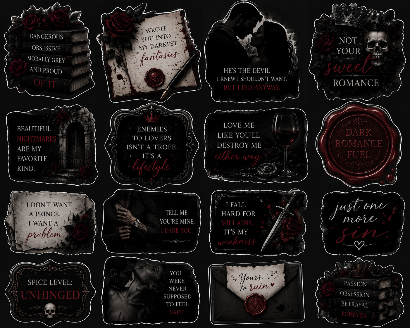 Dark romance sticker sheet featuring 15 individual gothic book quote designs