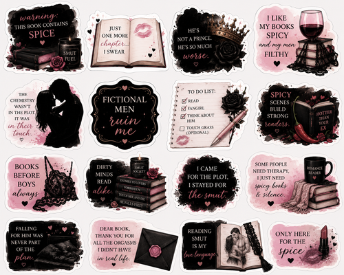 Spicy reader sticker pack featuring 16 bold book quote designs in black and blush tones