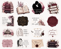 Romantic reader sticker pack featuring 16 whimsical floral book quote designs in dusty rose tones