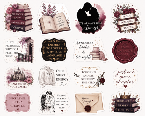 Romantic reader sticker pack featuring 16 whimsical floral book quote designs in dusty rose tones